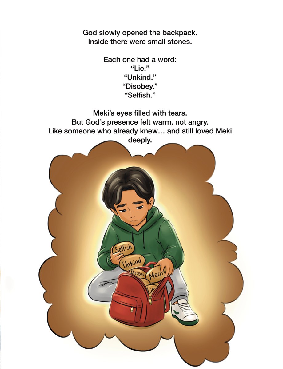 A boy opening a backpack full of stones