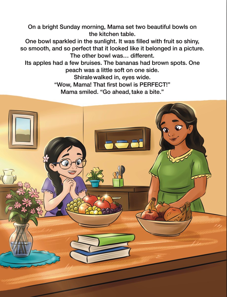 A mother and daughter at a kitchen table with two bowls of fruit