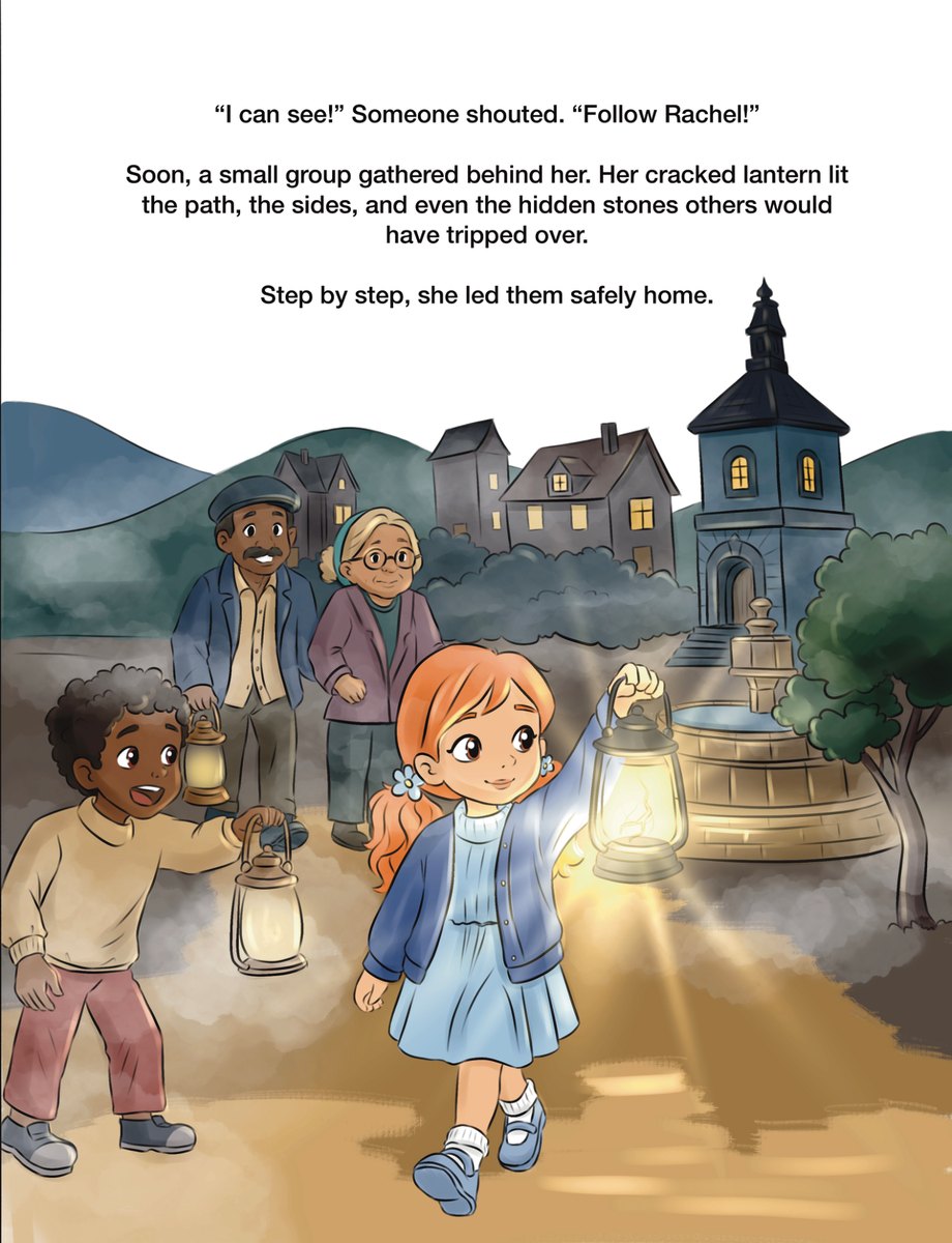 A girl leading neighbours safely home by lantern light
