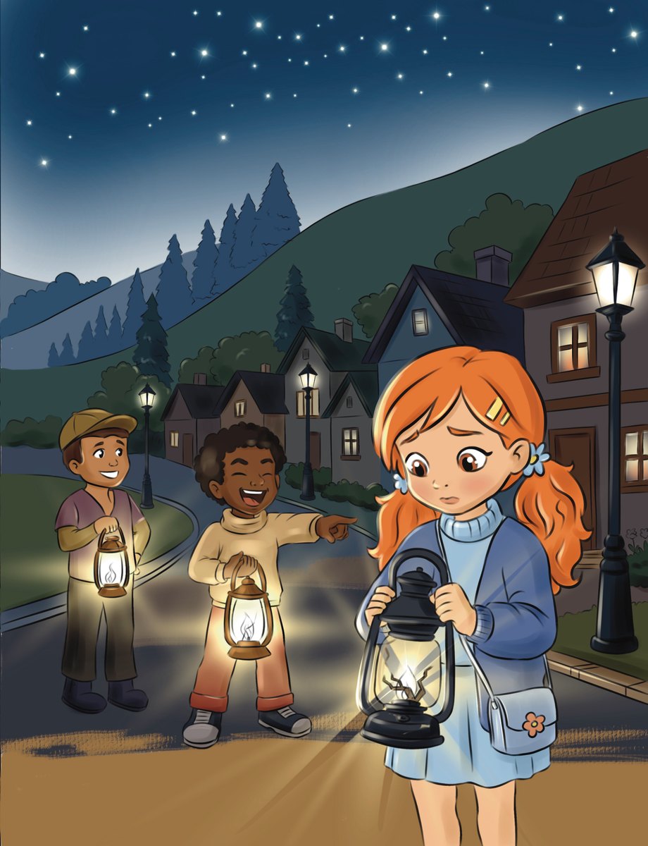 Children carrying lanterns down a village street at night